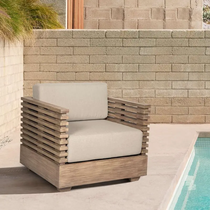 Vivid Outdoor Patio Chair in Light Eucalyptus Wood with Taupe Olefin Cushions By Armen Living
