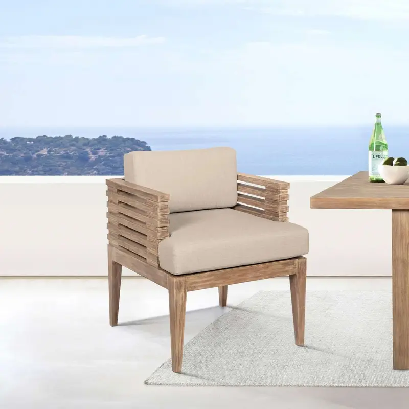 Vivid Outdoor Patio Dining Chair in Light Eucalyptus Wood with Taupe Olefin Cushions By Armen Living