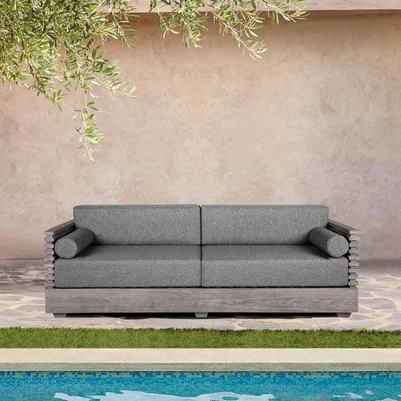 Vivid Outdoor Patio Sofa in Gray Eucalyptus Wood with Gray Olefin Cushions By Armen Living