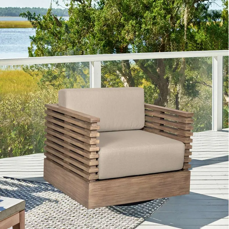 Vivid Swivel Outdoor Patio Chair in Light Eucalyptus Wood with Taupe Olefin Cushions By Armen Living