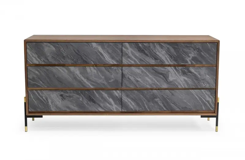 Walnut And Grey Faux Marble Wood Six Drawer Double Dresser By Homeroots