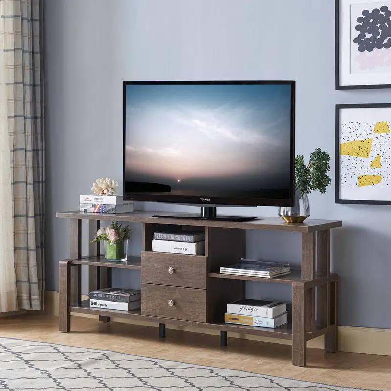 Walnut Oak Rustic Geo TV Stand with Two Center Drawer By Homeroots