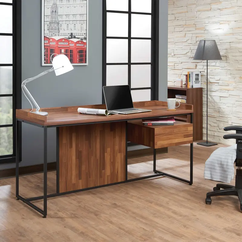 Walnut Sandy Black Metal Desk By Homeroots