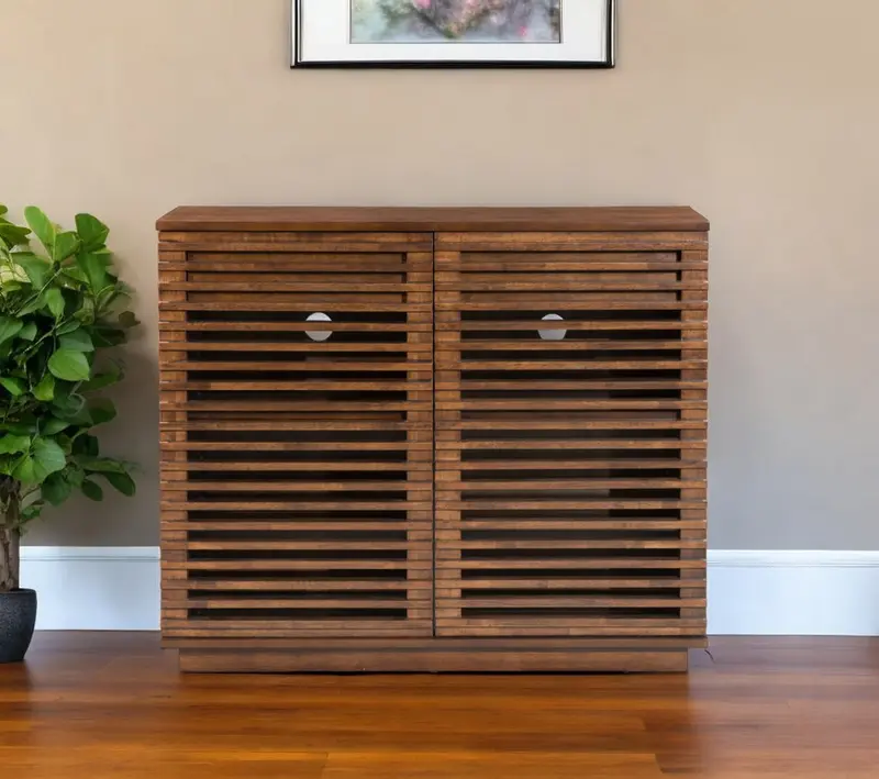 Walnut Wood Accent Cabinet With Three Shelves And Two Drawers By Homeroots