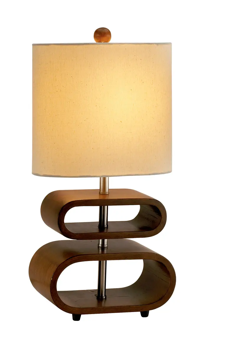 Walnut Wood Finish Stacked Bentwood Ovals with Natural Fabric Oval Shade Table Lamp By Homeroots