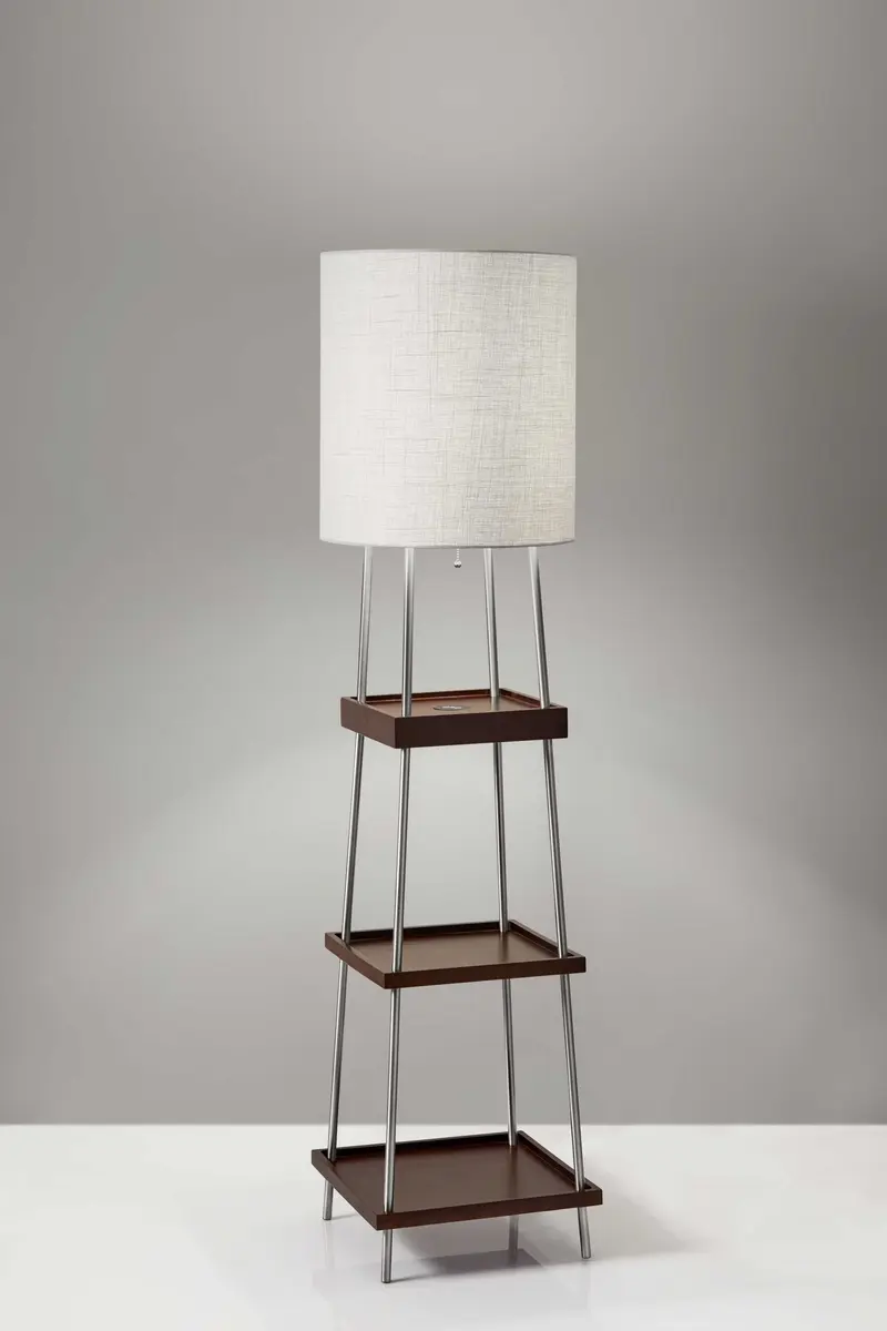 Walnut Wood Metal Shelf Floor Lamp with Charging Station By Homeroots