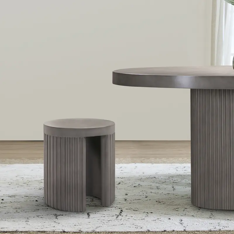 Wave Round Indoor or Outdoor Accent Stool End Table in Grey Concrete By Armen Living