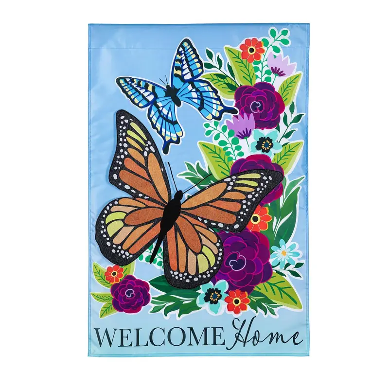 Welcome Home Butterflies Applique House Flag