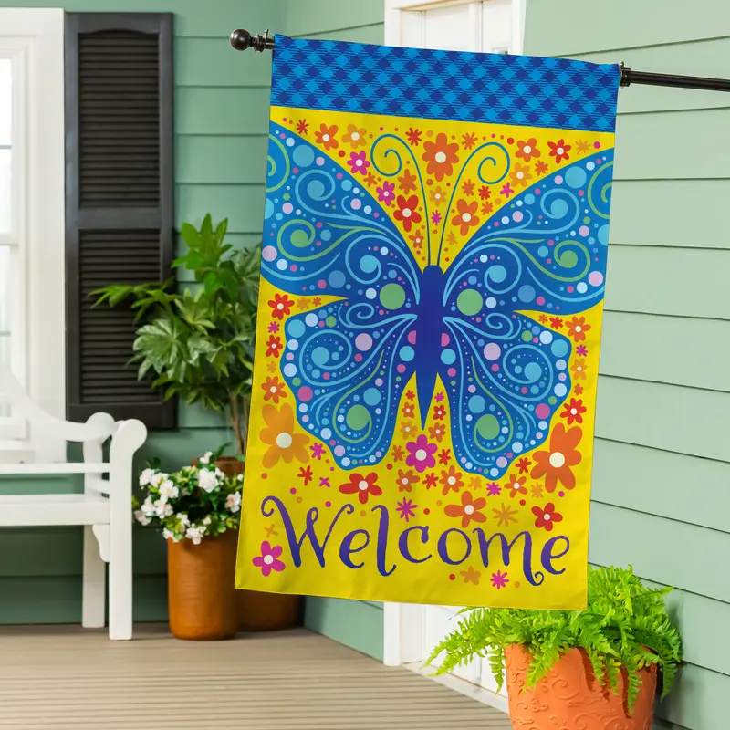 Welcome Mosaic Blue Butterfly Burlap House Flag