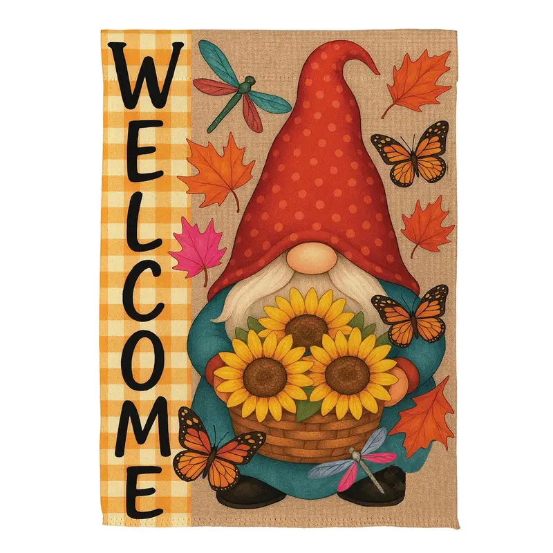 Welcome Sunflower Gnome Suede Flag House