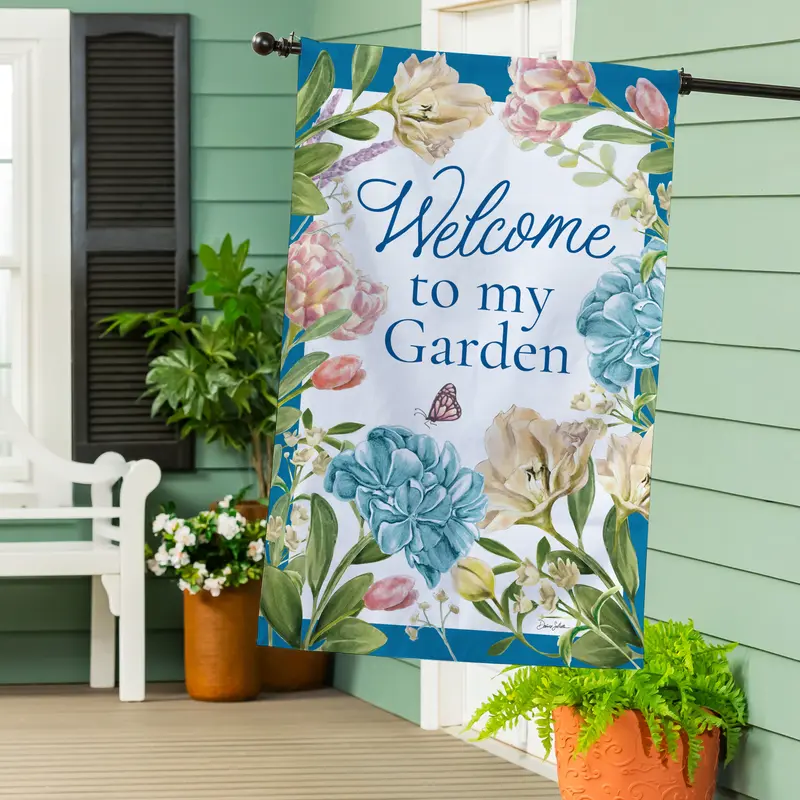 Welcome To My Garden Burlap House Flag
