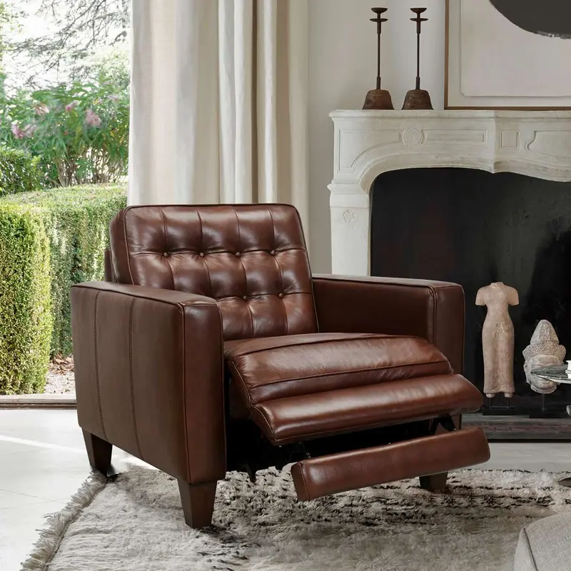 Wesley Chestnut Genuine Leather Power Footrest Tuxedo Arm Accent Chair By Armen Living