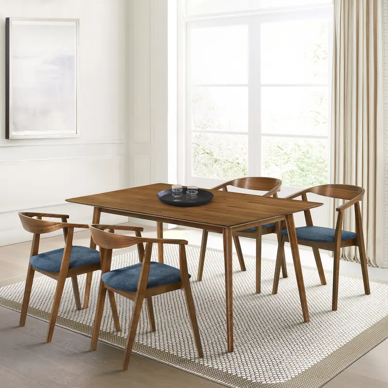 Westmont Santana 5 Piece Walnut Wood Dining Table Set with Blue Fabric By Armen Living