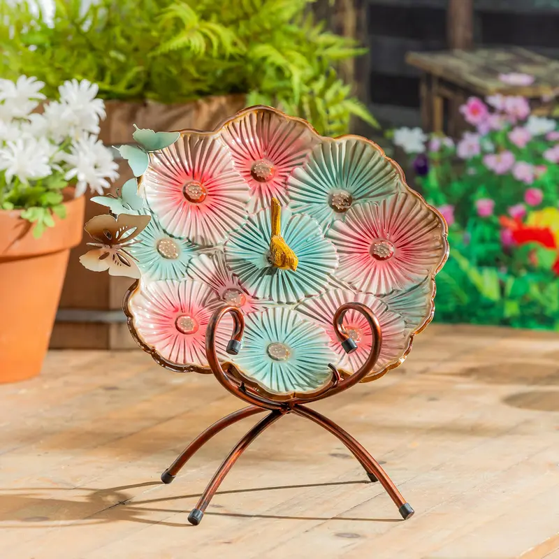 What She Shed Birdbath, Metal Sculpted Edge Bird Bath, Butterfly & Flowers, 17"