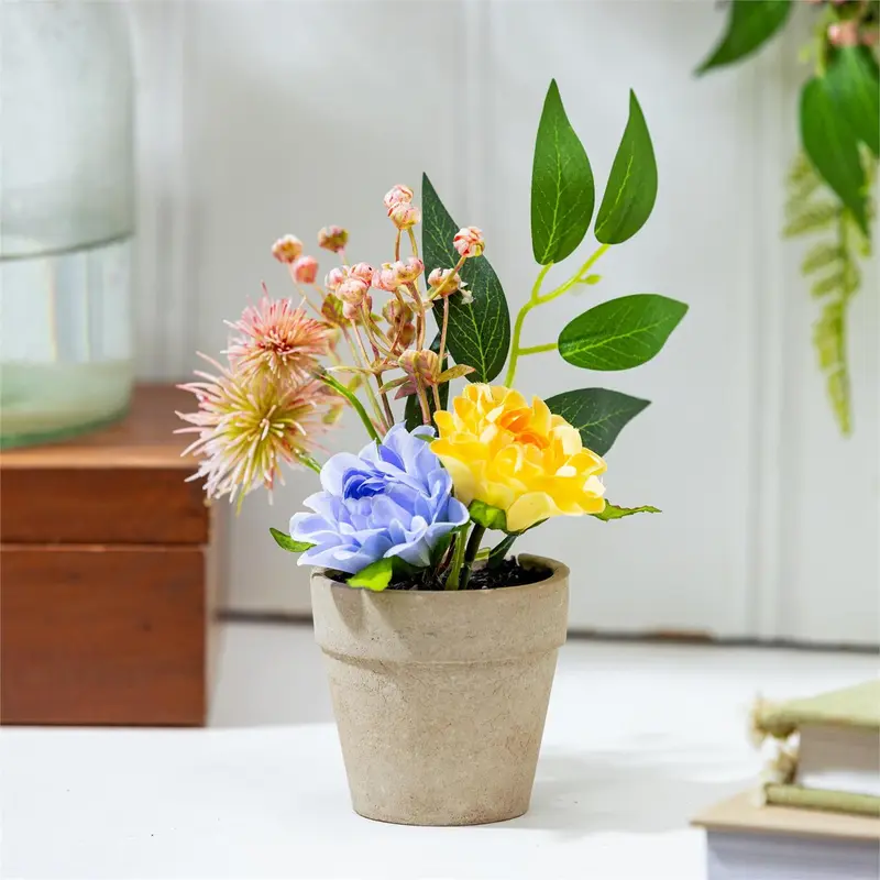 What She Shed Faux Floral Table Decor Artificial, 5"L, In Wood Tray