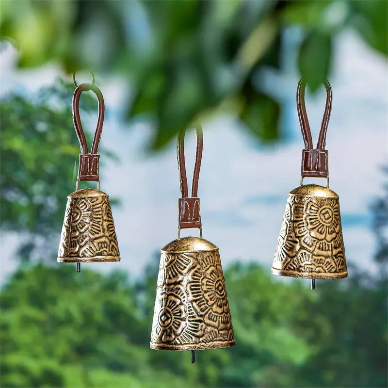What She Shed Garden Bell, Metal, Metallic Floral Bell with Leather, Set of 3