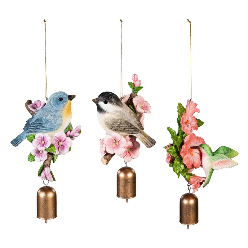 What She Shed Garden Bell, Resin, Floral Bird, Asst of 3
