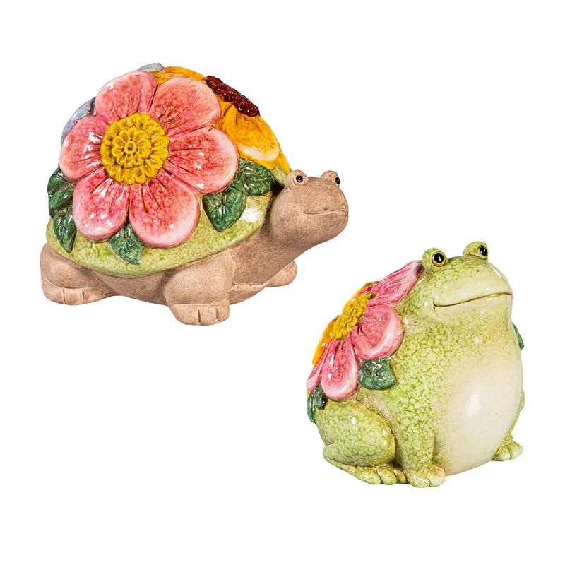 What She Shed Garden Statue, Ceramic Floral Frog & Turtle Statue, 2 Asst., 5"H