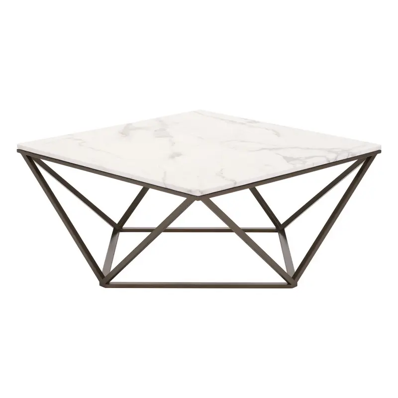 White and Antiqued Brass Faux Marble And Steel Square Abstract Coffee Table By Homeroots