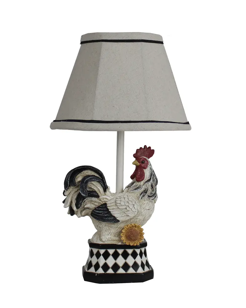 White and Black Rooster with Sunflower and Harlequin Patterned Accent Lamp By Homeroots