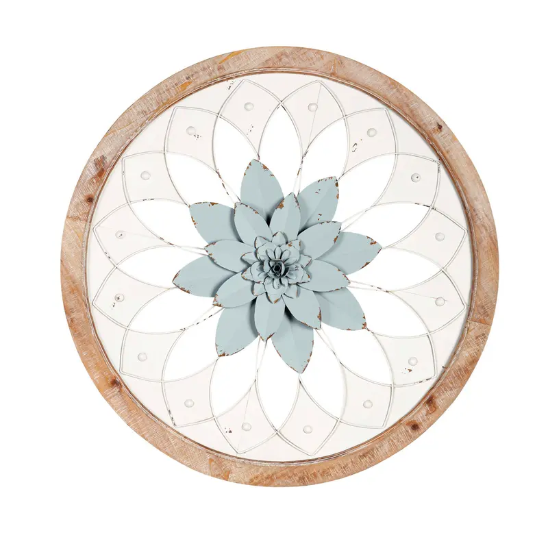 White and Blue Wood and Metal Floral Wall Decor,6awd745