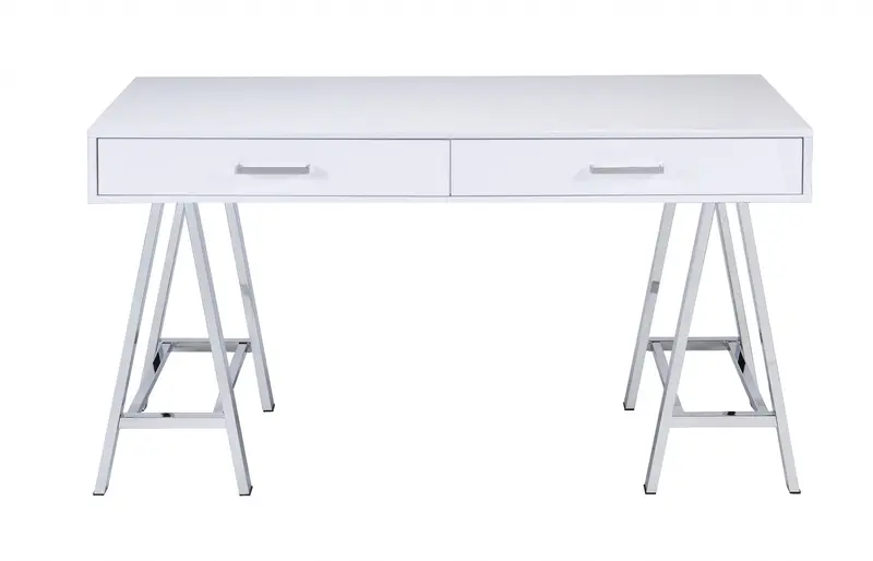 White And Chrome Glossy Polyester Desk By Homeroots