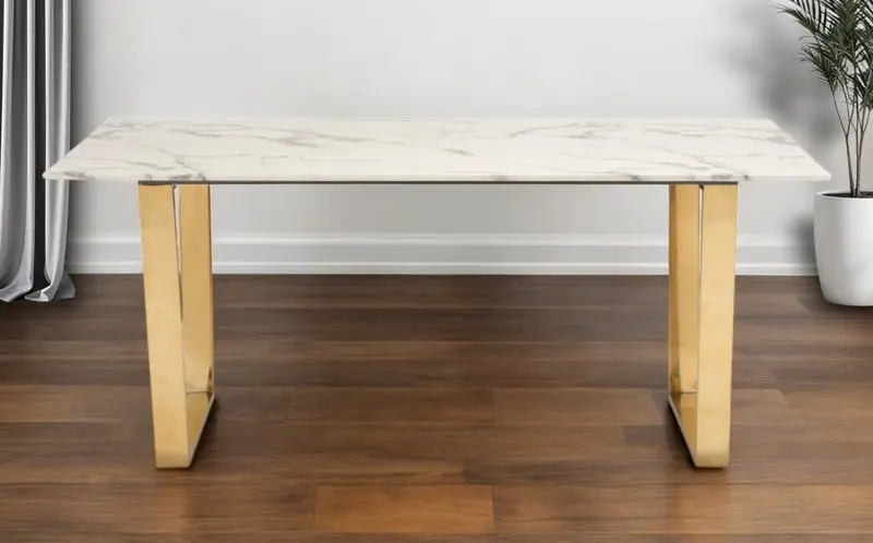 White And Gold Faux Marble And Steel Sled Base Dining Table By Homeroots