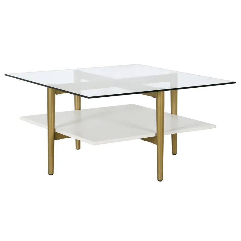 White And Gold Glass And Steel Square Coffee Table With Shelf By Homeroots