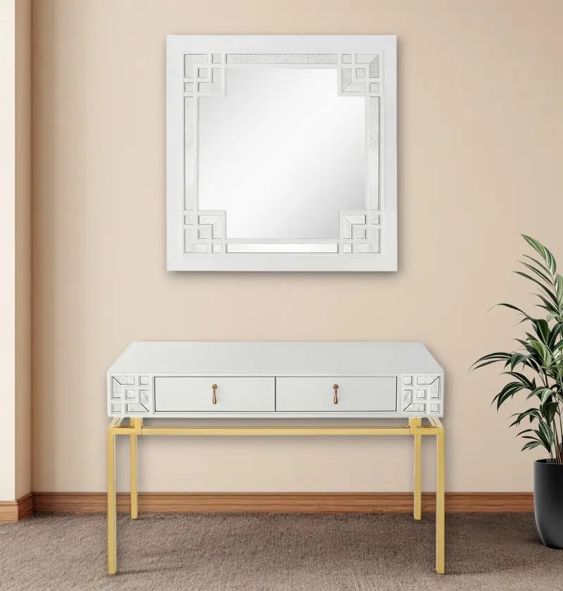 White and Gold Mirrored Wood Console Table With Two Drawers By Homeroots