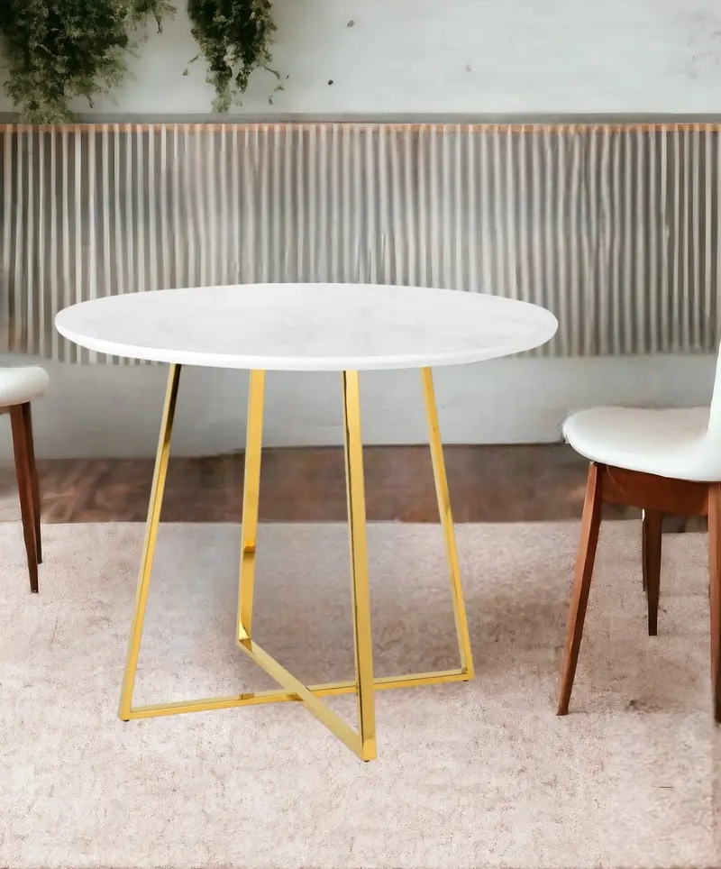 White And Gold Rounded Iron Pedestal Base Dining Table By Homeroots