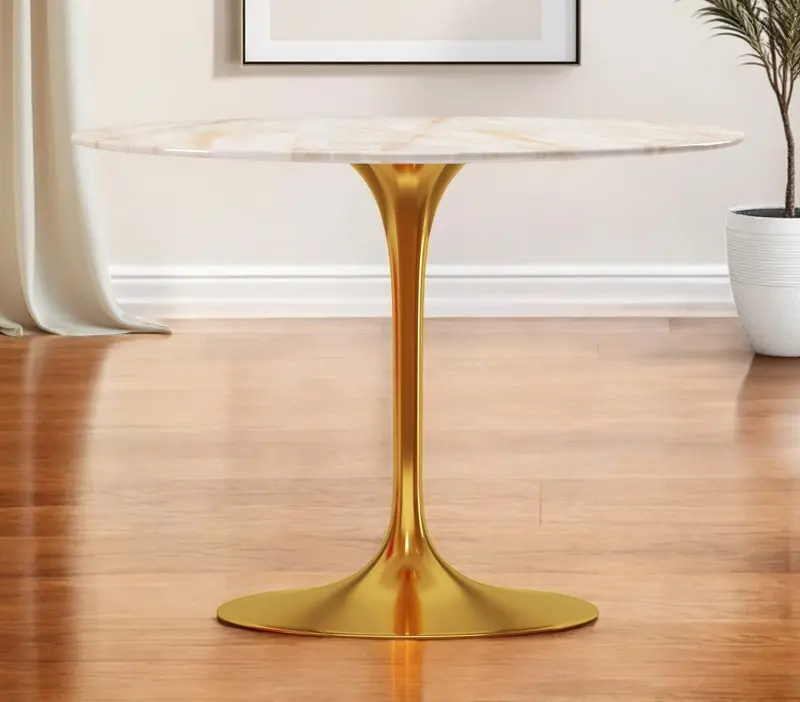 White And Gold Rounded Stone And Metal Pedestal Base Dining Table By Homeroots