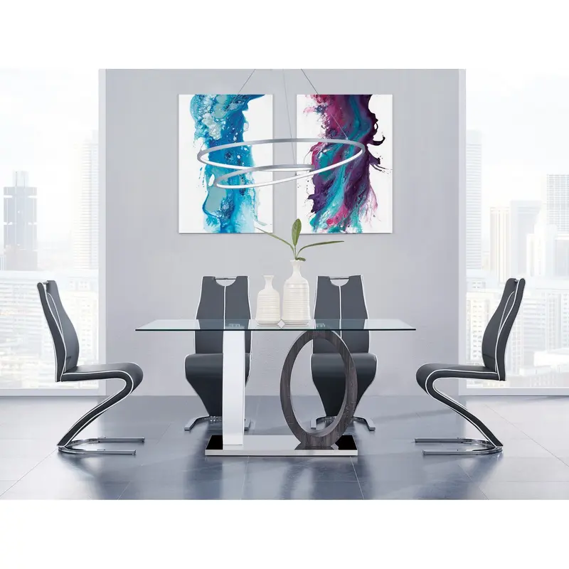 White And Grey Two Toned Oval Design Support With Rectangular Glass Top Dining Table By Homeroots