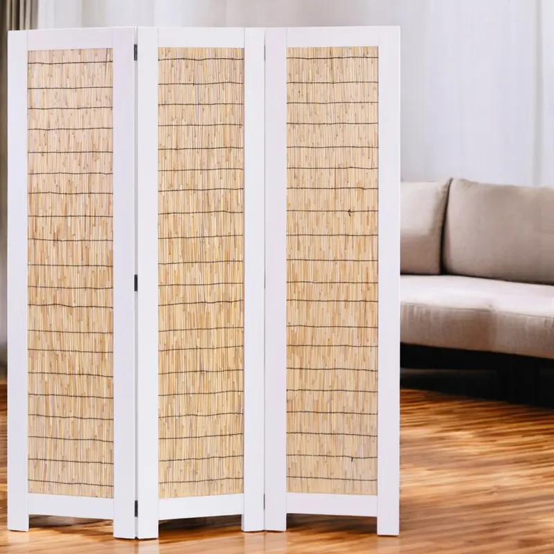 White and Natural Manufactured Wood Folding Three Panel Screen Room Divider By Homeroots