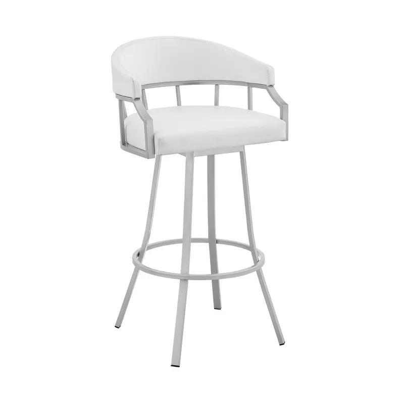 White And Silver Faux Leather And Iron Swivel Low Back Bar Height Bar Chair By Homeroots