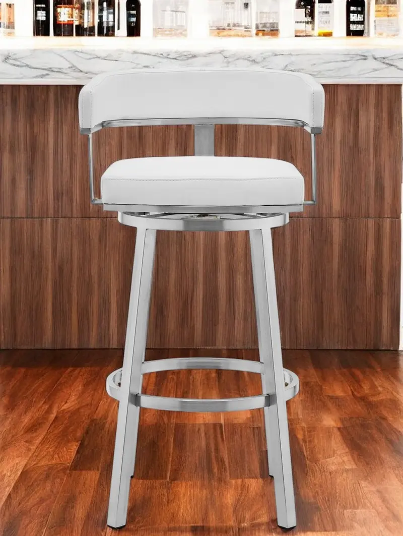 White and Silver Faux Leather Stainless Steel Low Back Bar Height Swivel Bar Chair By Homeroots