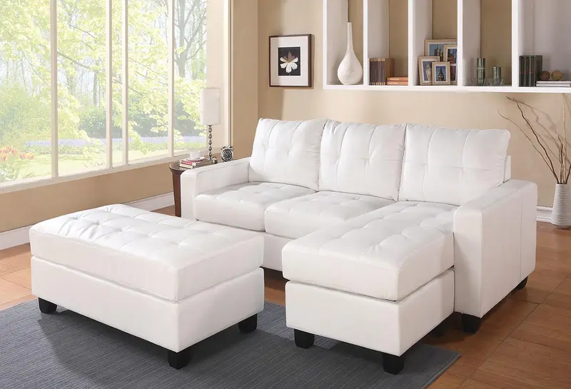White Bonded Leather Match Sectional Sofa With Ottoman By Homeroots