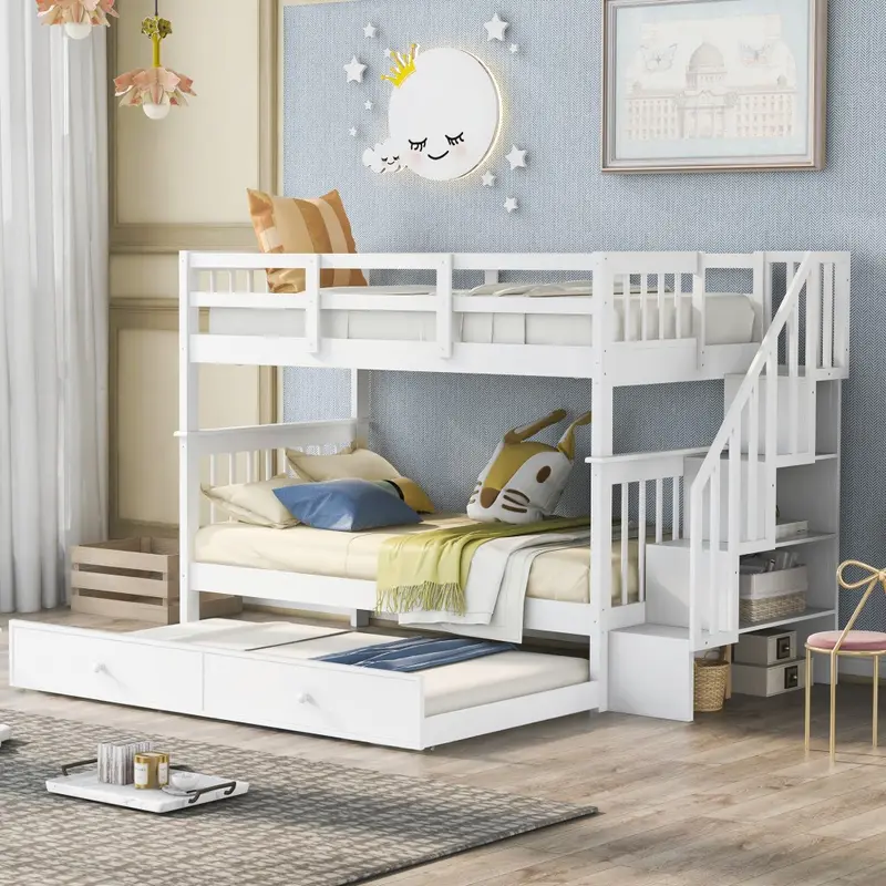 White Double Twin Size Stairway Bunk Bed By Homeroots