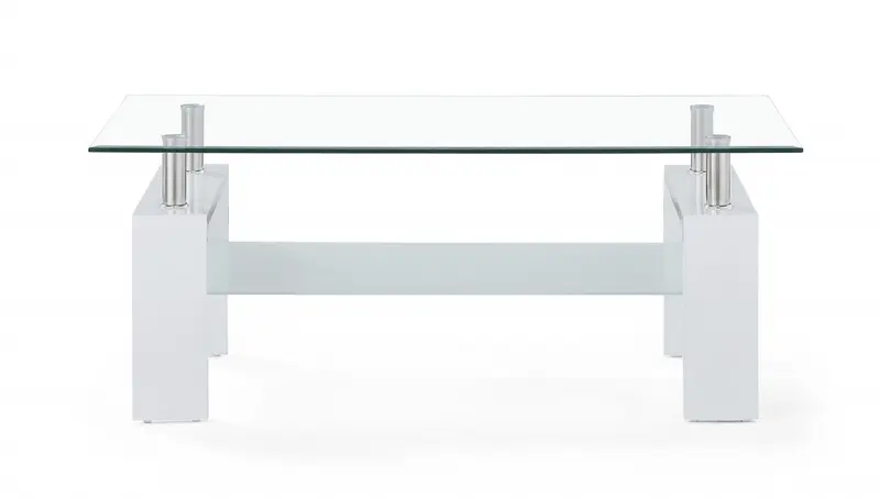 White glossy leg Coffee Table with Rectangular Clear Glass Top By Homeroots