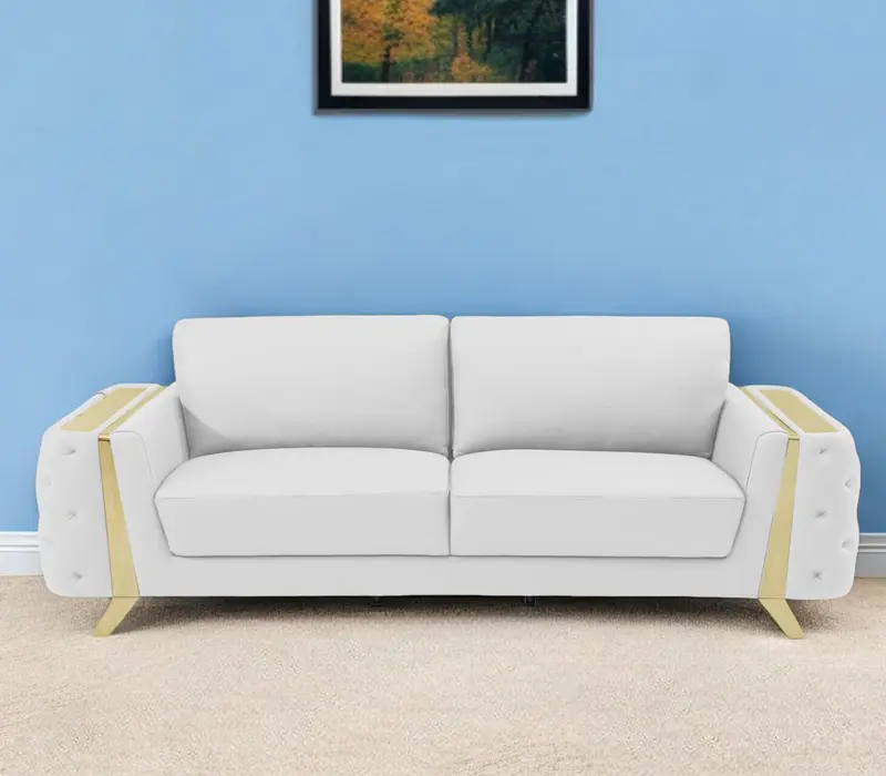White Italian Leather Sofa With Gold Legs By Homeroots