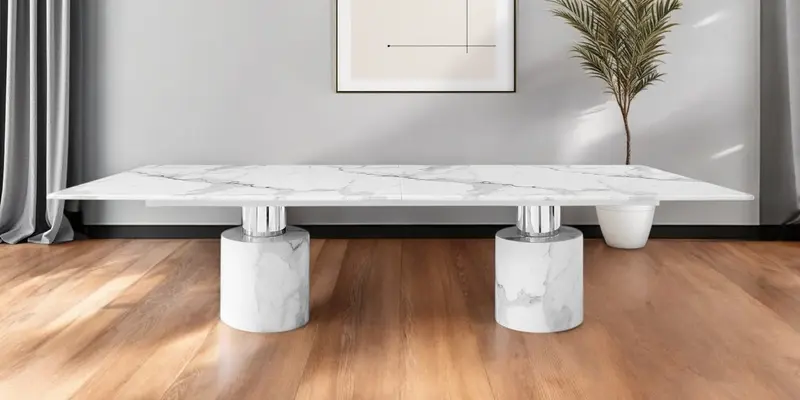 White Marble Double Pedestal Base Dining Table By Homeroots
