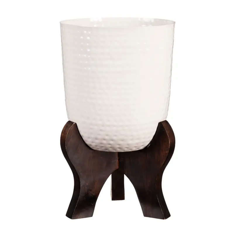 White Metal Planter with Wooden Legs, Set of 2,8pmtl306