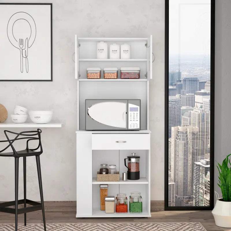 White Pantry Cabinet with Two Door Panels and Side Open Shelves By Homeroots