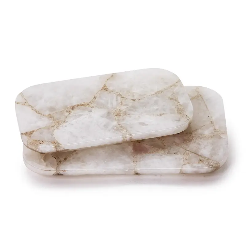 White Quartz Round Edge w Silver Feet Tray Set Of 4 By Tozai Home