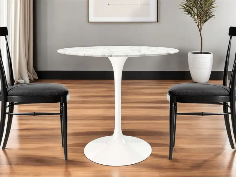 White Rounded Marble And Metal Pedestal Base Dining Table By Homeroots