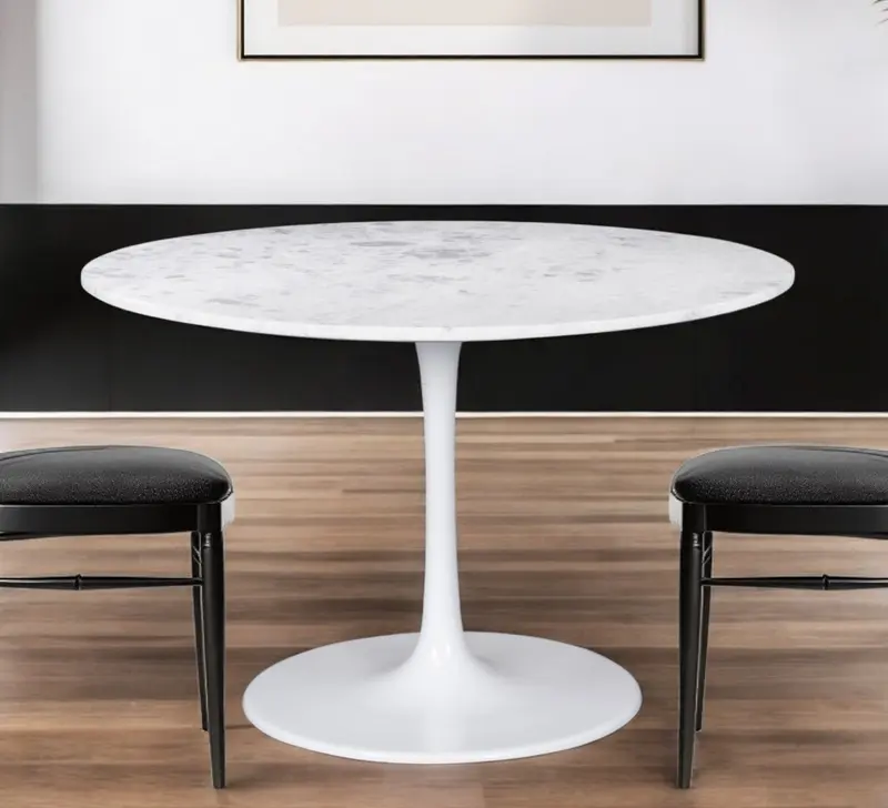 White Rounded Marble And Steel Pedestal Base Dining Table By Homeroots