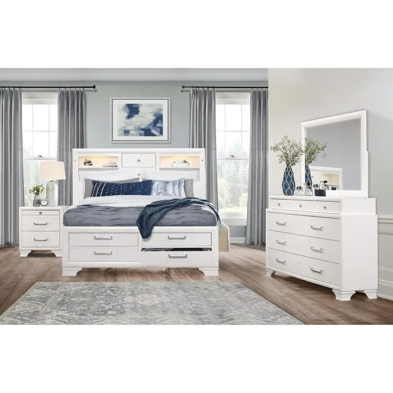 White Rubberwood Queen Bed With Bookshelves Headboard Led Lightning 6 Drawers By Homeroots