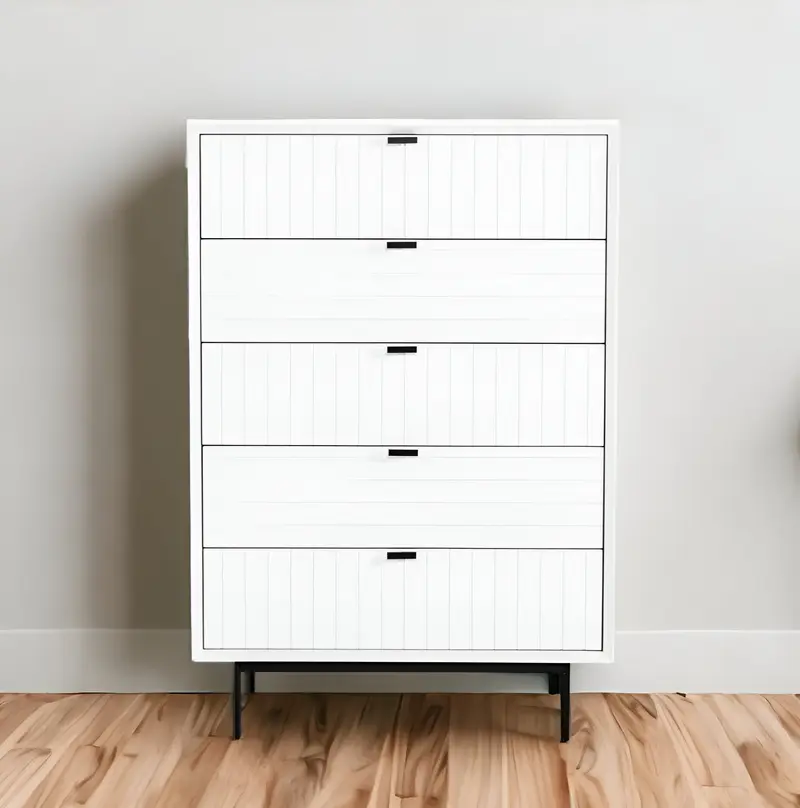 White Solid Wood Five Drawer Chest By Homeroots