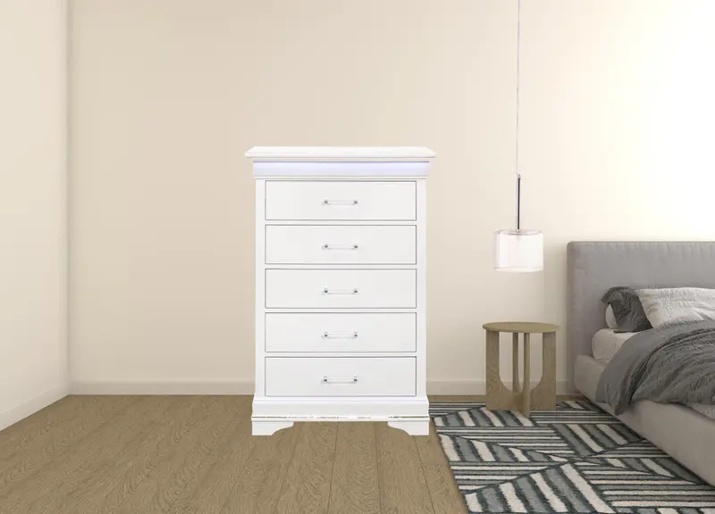 White Solid Wood Five Drawer Chest with LED Lighting By Homeroots