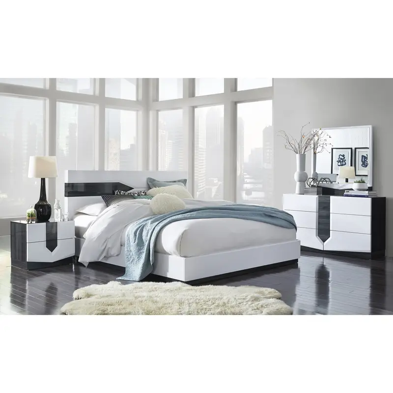 White Tone Queen Bed With Dark Grey Zebrano Details On Headboard And Bottom Rail Accent By Homeroots
