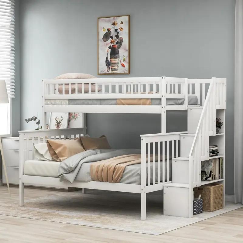 White Twin Over Full Farmhouse Style Bunk Bed With Staircase By Homeroots